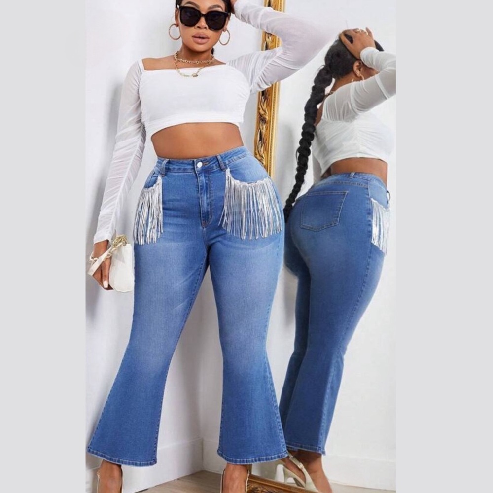 Plus High Waist Fringe Trim Flare Leg Jeans - Picture 2 of 4